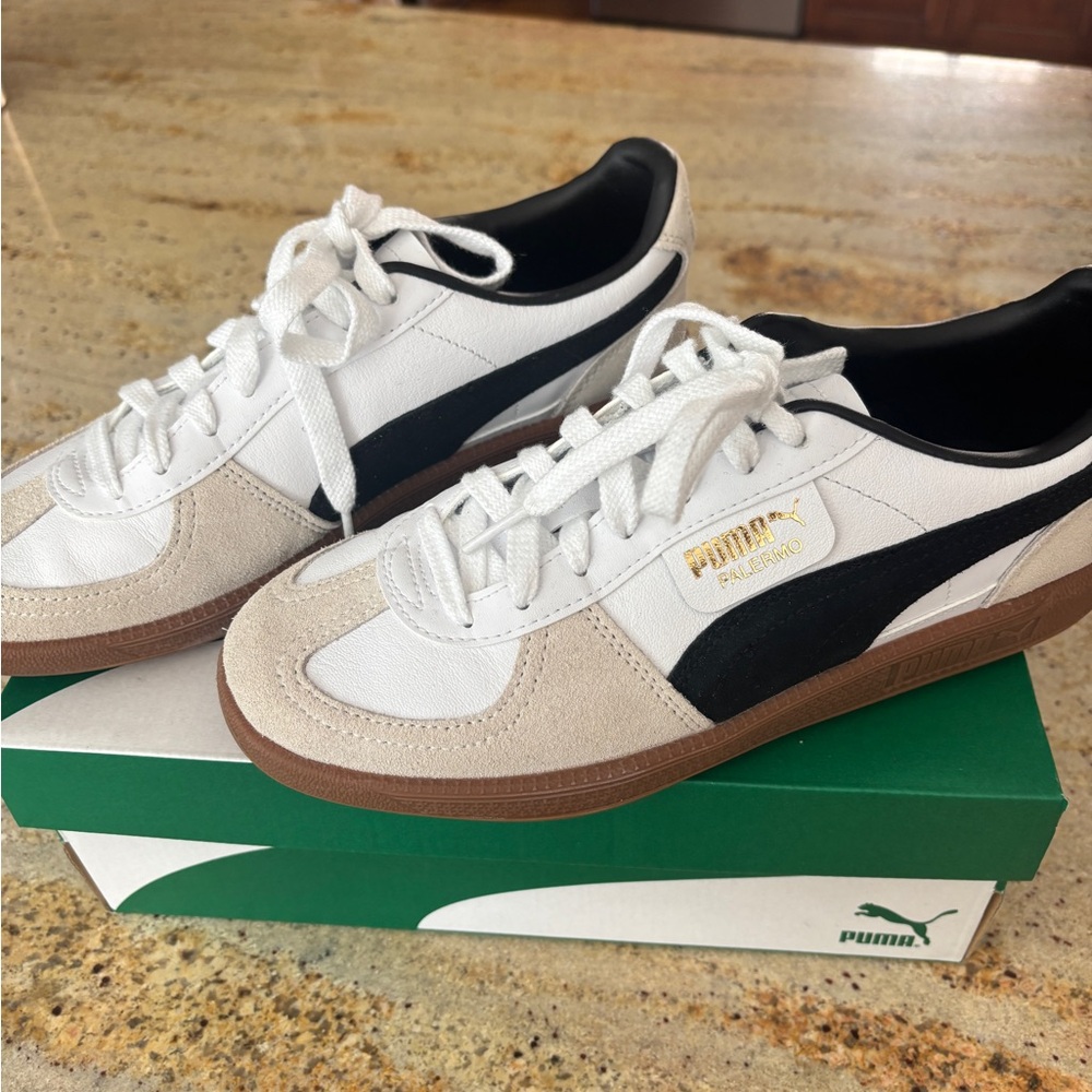 Puma Women's White and Black Sneakers with Brown Accents